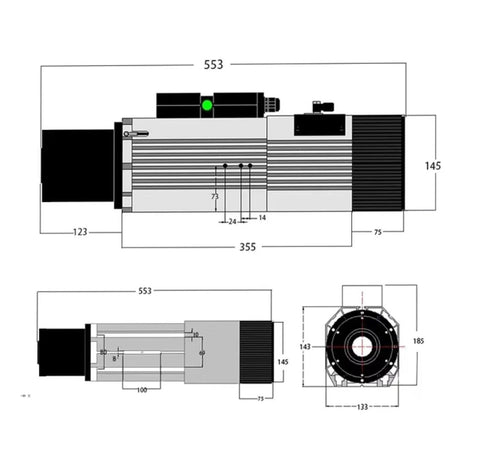 9KW Cnc Air Cooled Spindle Motor Featuring Atc Automatic Tool Changer Iso30 Bt30 Adapter dimensions diagram with detailed measurements.