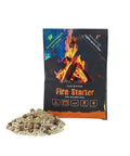 Three Pack Fire Starter For Camping And Emergency Prep, waterproof pouch beside firestarter granules shown on white background.