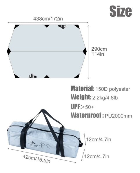 Diagram and bag of Waterproof Sun Shield Tarp For Camping And Outdoor Events With UPF 50 Plus Sun Protection And Fully Taped Seams