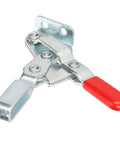 Toggle Clamp With Quick Positioning Fixture And Plastic Handle For Metal Plates And Circuit Boards, side view of red handle and metal build