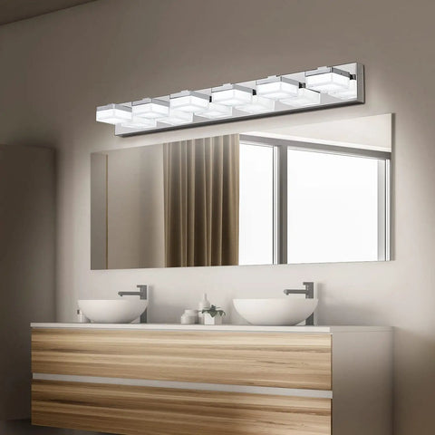 Modern Dimmable LED Vanity Lights Over Mirror Gloss Chrome Six Light Bathroom Fixture Easy Direct Wire Install Energy Saving