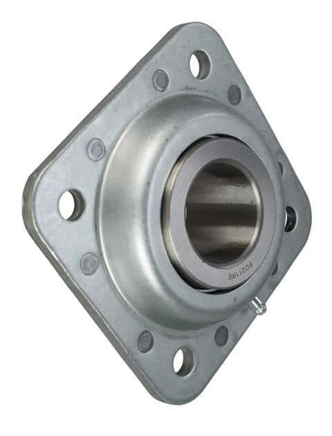Beefed Up Heavy Duty Disc Harrow Flange Bearing Replacement For Drivetrain Bore One And Three Quarters Inch Bolt To Bolt Five And A Half Inches Compatible With Common Harrow Models Replaces DHU 211 822 200C Farm Equipment Accessory, shown at angle.