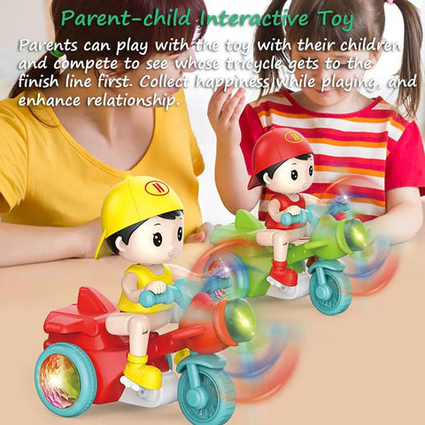 360 Degree Stunt Tricycle Toy With LED Lights And Dynamic Music Ride Simulation Pedicab STEM Spinning Electric Trike For Kids Durable Red Frame Non Slip Pedals Realistic Riding Experience Safe Easy Grip Steering, kids playing