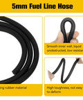 Close-up of black 5mm rubber fuel line hose for Dirt Bike Heavy Duty Fuel Line With Filter 3 By 16 Inch For GY6 50cc 70cc 90cc 110cc 125cc 150cc 139QMB 157QMJ Compatible Taotao Roketa SunL Trailmaster Moped Go Kart ATV Quad Motorcycle Parts Black