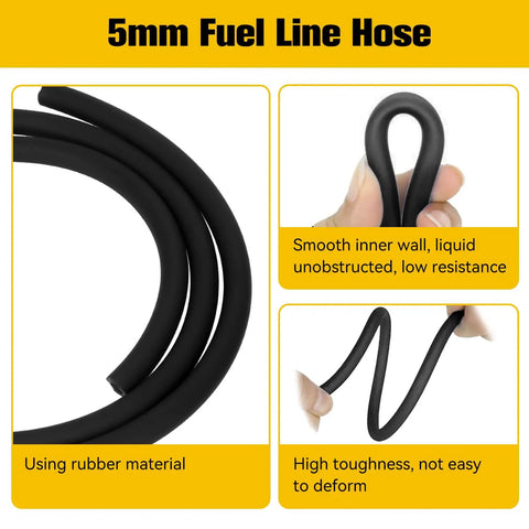 Close-up of black 5mm rubber fuel line hose for Dirt Bike Heavy Duty Fuel Line With Filter 3 By 16 Inch For GY6 50cc 70cc 90cc 110cc 125cc 150cc 139QMB 157QMJ Compatible Taotao Roketa SunL Trailmaster Moped Go Kart ATV Quad Motorcycle Parts Black