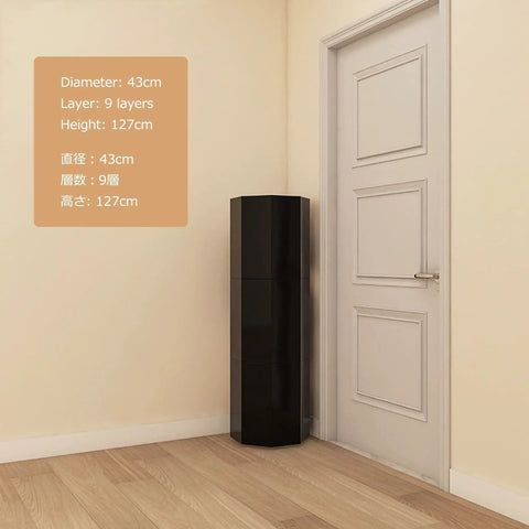 360 Degree Rotating Shoe Rack Vertical Space Saving Organizer Lazy Susan Entryway Footwear Tower in black, 43cm diameter, 127cm height.