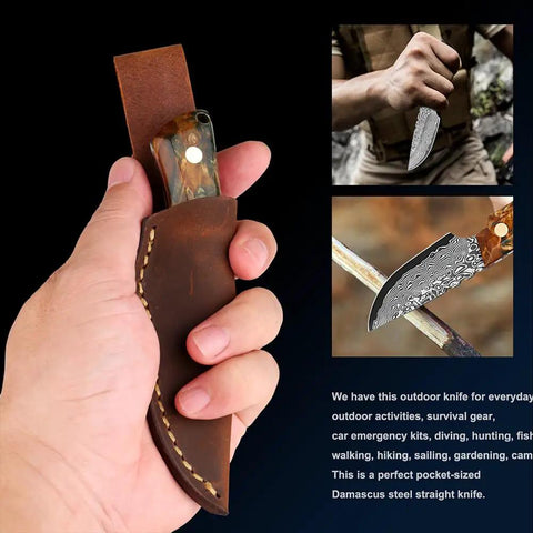 Beast Damascus Steel Survival Knife With Leather Sheath Fixed Blade Hunting Skinner Knife Handmade For Camping