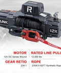 Rugcel 12000 Lb Waterproof Electric Winch With Synthetic Rope And Haws Fairlead Black, showing motor specs and synthetic rope.