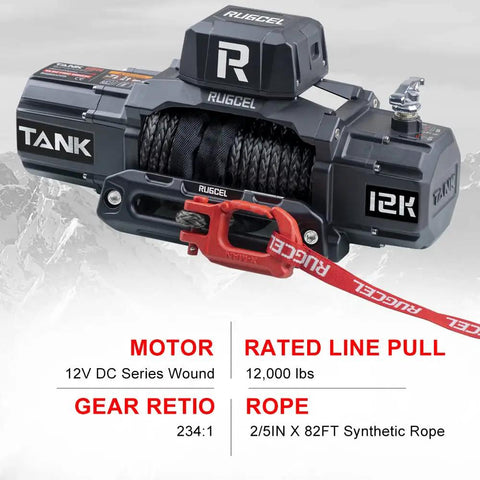 Rugcel 12000 Lb Waterproof Electric Winch With Synthetic Rope And Haws Fairlead Black, showing motor specs and synthetic rope.