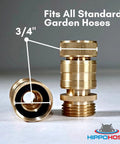 Leak-Free Three-Quarter Inch Snap-On Garden Hose Fittings 2 Pack, Solid Brass Quick-Connect Adapters front view with measurements