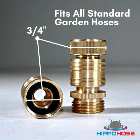 Leak-Free Three-Quarter Inch Snap-On Garden Hose Fittings 2 Pack, Solid Brass Quick-Connect Adapters front view with measurements