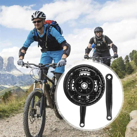 Mountain bikers with Beefy High Carbon Steel Mountain Bike Crankset 24-34-42T With Chain Guard for trail rides