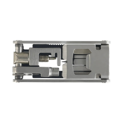 Close-up of All In One Bike Tool Kit 17 Tools Stainless Steel Multi Tool showing serrated blades and chain tool.