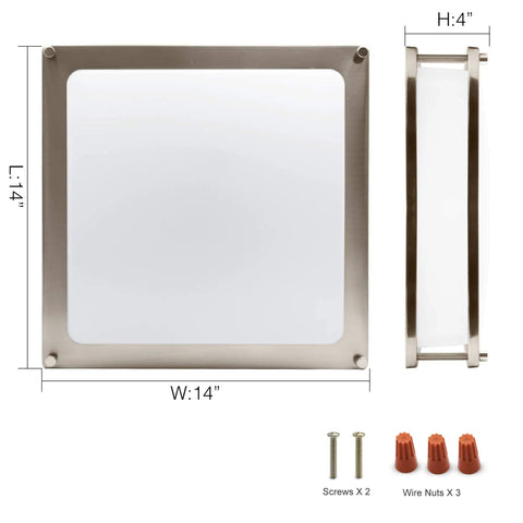 14 Inch LED Square Double Ring Flush Mount Ceiling Light With Smooth Dimming 4000K Bright White 20W 1450LM 100W Equivalent Brushed Nickel Finish Hardwired Fixture For Garage Entryway Basement Dope Modern Look - front and side view with included screws and wire nuts.