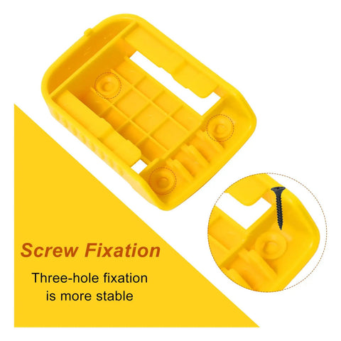 20V Tool Holder And Battery Mount Kit with yellow ABS holder, showing three-hole screw fixation detail for stability.