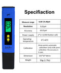 On The Go Pocket pH Meter For Water And Hydroponics High Accuracy Digital Tester Pen with pH range and dimensions displayed.