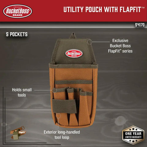 Front view of FlapFit Utility Pouch with 5 pockets and exterior tool loop in brown, made from durable poly ripstop 600D material.