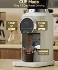 Next Level Electric Burr Coffee Grinder With 34 Dead Simple Settings And 40 Millimeter Stainless Steel Conical Burrs For Smooth Daily Brews In Clean White Setup displaying cup mode controls and dosing cup.