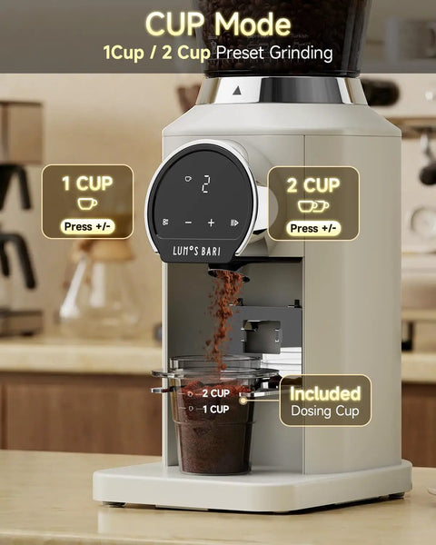 Next Level Electric Burr Coffee Grinder With 34 Dead Simple Settings And 40 Millimeter Stainless Steel Conical Burrs For Smooth Daily Brews In Clean White Setup displaying cup mode controls and dosing cup.