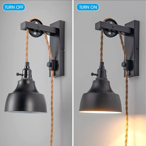 Dimmable Plug In Wall Sconces With 15Ft Pulley Cords Vintage Hanging Lamps Black Set Of Two Dope On Off Switch For Bedroom