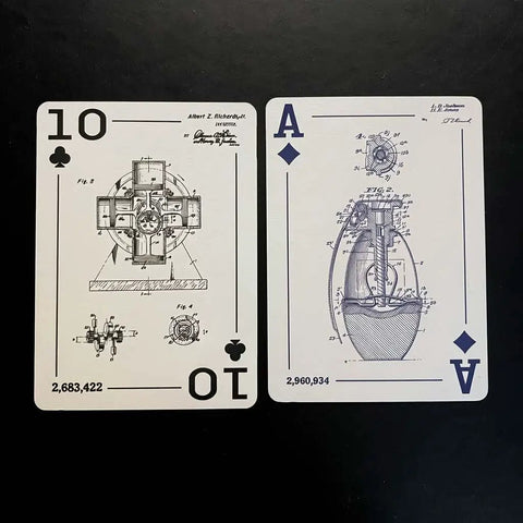Gearhead Approved Engineering Drawing Playing Cards For Engineers Gift Set with patent art; cards with mechanical designs.