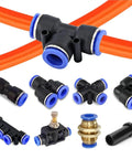 Huge 80Pc Blue Pneumatic Push In Fittings Kit With Quick Release Air Connector Tube for Compressors And Tools Fits 4 6 8 10 12 Mm Easily, black T fittings