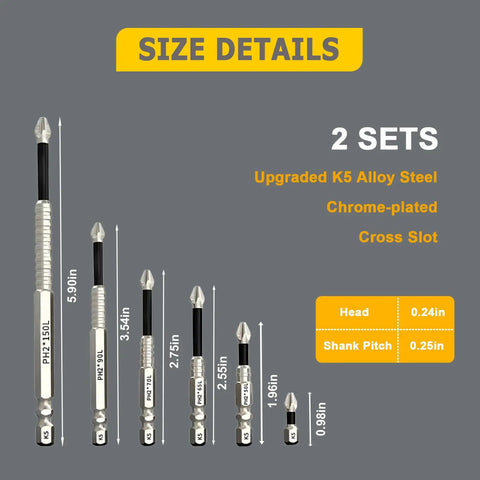 Size details of Pro Grade Magnetic Screwdriver Drill Bit Set With Kickass Anti Slip Teeth And Heavy Duty Impact Resistant Design.