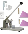 Heavy Duty Corner Rounder Press Built Like A Tank With Dual R6 And R10 Radius Dies For Laminates Plastics And Business Cards, showing components and solid steel frame.