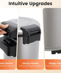 Psufurv Electric Rice Warmer With Non Stick Inner Pot And Spoon Keep Warm Function Auto Cooker showing press switch, handle, and grippy feet.