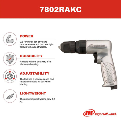 Heavy Duty 3/8 Inch Reversible Pneumatic Drill With Keyless Chuck For Fast Smooth Drilling Aluminum Body High Torque Variable Speed Durable Air Tool Workhorse For Pro Jobs displayed with features.