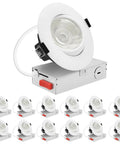 Four Inch Led Recessed Can Lights Featuring Glide Around Gimbal Head Five Daylight Choices Zero Hassle Dimmable Switches Rock Solid Construction Certified For Damp Zones Clean Matte White Cover Complete Set Includes Twelve with adjustable gimbal.
