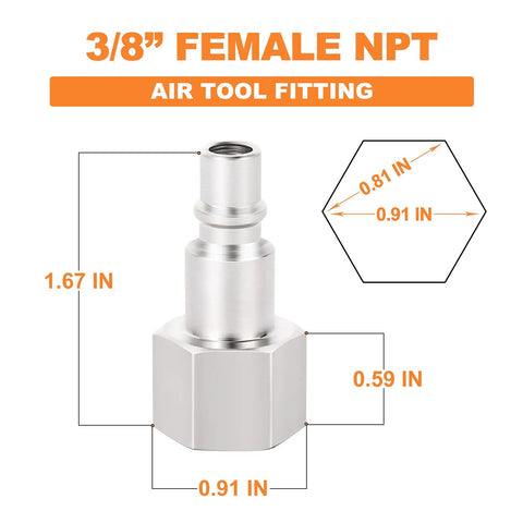 10 Pack 3/8 Inch NPT Female Industrial Air Tool Fittings High Flow Pneumatic Plugs Durable Zinc Plated Hardened Steel 300 PSI Max Working Pressure For Workshop Garage DIY Projects, 3/8 in female plug dimensions