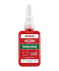 Front view of VG290 thread locker bottle, red plastic container with white precision nozzle, 50 ml