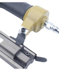 Close-up of Heavy Duty Oil Free Pneumatic Staple Gun F32 Brad Nailer showing trigger and air connector, air powered tool for carpentry.