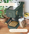 Rock Solid Compact Espresso Machine In Fresh Thyme Green With Reliable 20 Bar Pump And Responsive Touch Panel For Next Level Daily Brews And Modern Kitchen Vibes with stainless steel warming plate and 2-in-1 steam wand.