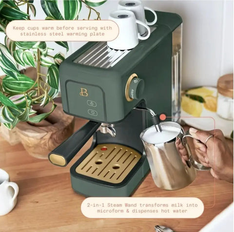 Rock Solid Compact Espresso Machine In Fresh Thyme Green With Reliable 20 Bar Pump And Responsive Touch Panel For Next Level Daily Brews And Modern Kitchen Vibes with stainless steel warming plate and 2-in-1 steam wand.