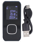 Handheld Laser Distance Meter With Aluminum Alloy Build, Dual Light Sensing Apertures, And Aspheric Focusing Mirror measuring dimensions with screen display and USB cable.