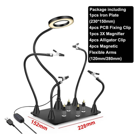 Helping Hands Soldering Station with 3X LED Magnifying Lamp, 4 PCB Board Holders, and flexible magnetic arms for precision soldering.