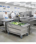 Heavy Duty Commercial Food Prep Cart With Slick Rolling Locking Casters Featuring Deep 304 Stainless Steel Soak Tank For No Sweat Busy Kitchen Grind Ready Setup with vegetables in use.