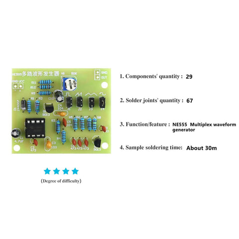 Beginner Friendly Soldering Practice Kit With Multiplex Waveform Generator Plug In Circuit Board displaying components and specs