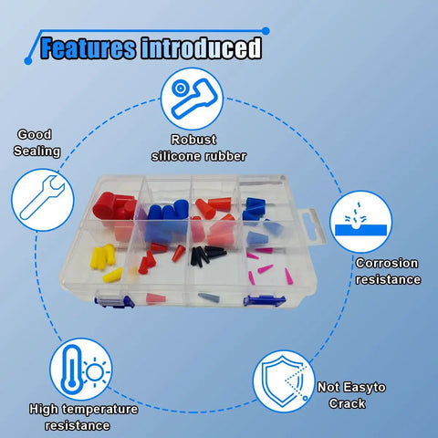 Get Ready For A Sweet Paint Job With This Totally Rad 40 Piece Silicone Rubber Tapered Plug Kit Featuring Eight Awesome Sizes Ranging From One Sixteenth Inch To Three Quarters Inch For Perfectly Flexible Powder Coating And Painting Supplies That Are. silicone plugs in organizer with size, sealing, heat, and corrosion resistance icons