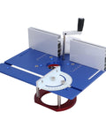 Top Shelf Aluminum Router Lift Base Height Adjustable Manual Woodworking Table with blue plate and stainless steel components.