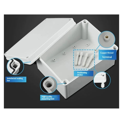 White ABS plastic outdoor waterproof junction box with lid open, showing copper-thread terminal and mounting holes (80x130x70mm).