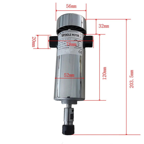 Ready To Roll Air Cooled 800W CNC Spindle Motor Kit With ER11 Collet Chuck DC 110V Power Supply and dimensions for accurate setup.