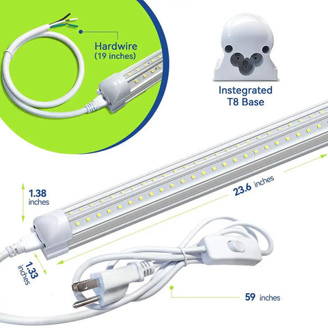 2 Foot V Shaped LED Shop Light 5000K 20W 2500lm Daylight with plug and hardwire options, integrated T8 base.