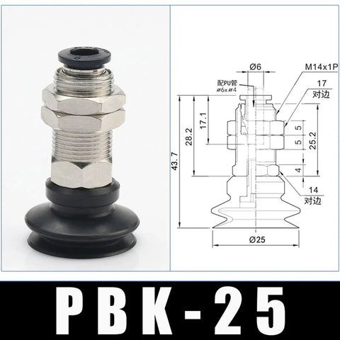 PBK-25 Black Pneumatic Suction Cup Chuck For Industrial Manipulator rubber vacuum gripper with measurements on diagram.
