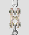 Close-up of G70 3/8 Inch Double Clevis Link, galvanized alloy steel connector for heavy-duty rigging and tie-downs.