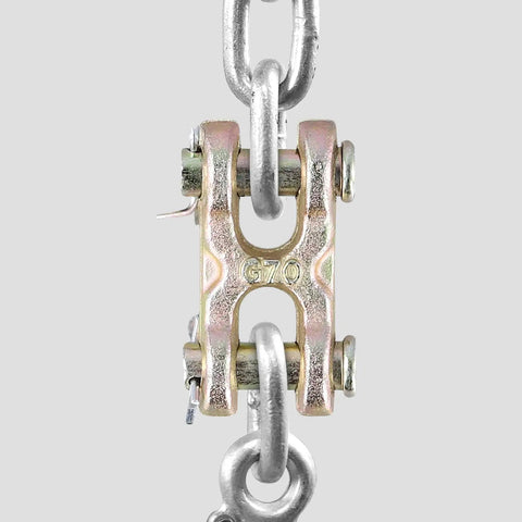 Close-up of G70 3/8 Inch Double Clevis Link, galvanized alloy steel connector for heavy-duty rigging and tie-downs.