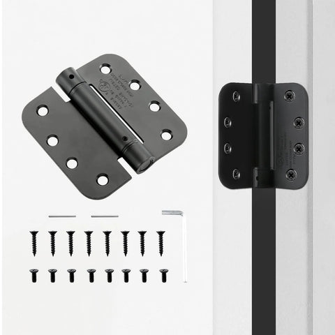4 Inch Spring Loaded Self Closing Door Hinges With Adjustable Tension For Interior Doors, Matte Black Finish, UL Listed 5/8 Inch Radius, 2 Pack Includes Screws And Adjustment Rod For Easy Install, shown installed with screws and rod.