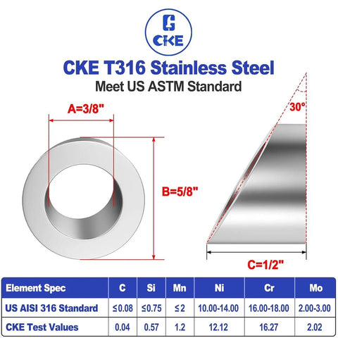 Diagram of CKE T316 stainless steel 3/8 inch angle beveled cable railing washer, showcasing dimensions and ASTM specifications.